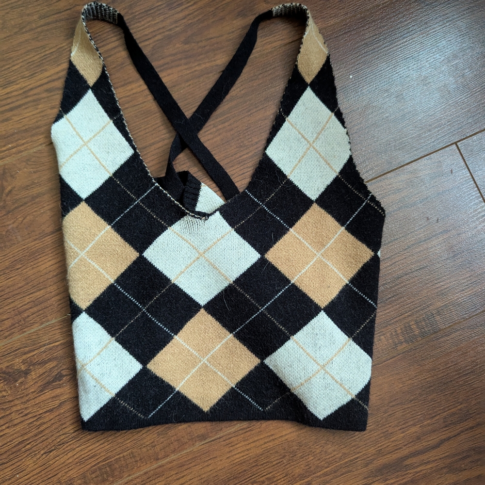 Argyle Knit Cross-Back Top - Black and Tan